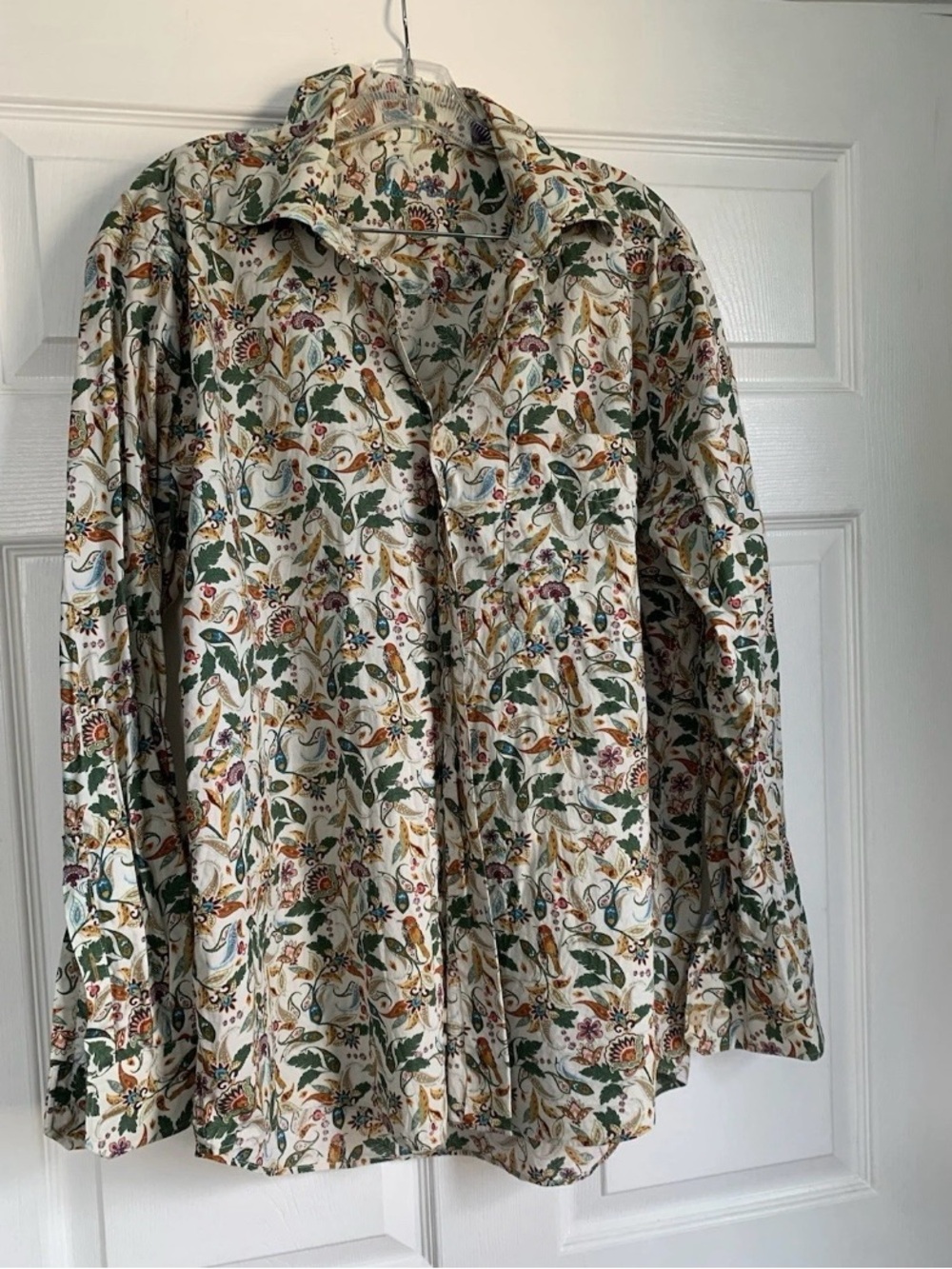 Men's Long Sleeve Button Down Shirt with Bird and Paisley Print - Size L